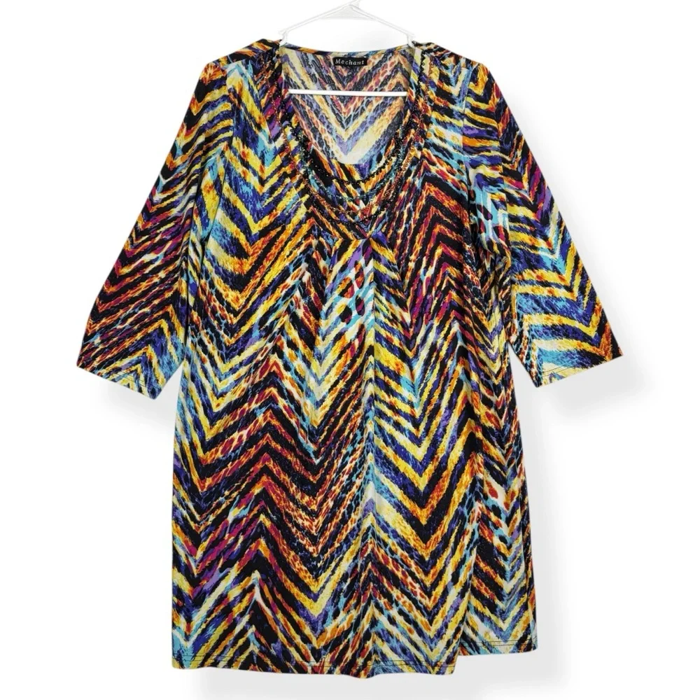 Mechant Dress Womens L Large Multicolor Zig Zag 3/4 Sleeves‎ Stretch Knee Length